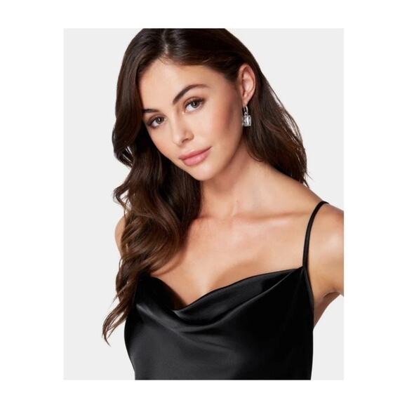 Bebe Slip Dress XL Black Satin Y2K Gothic Glam Coquette Grunge Cowl Drape Neck - Picture 2 of 10